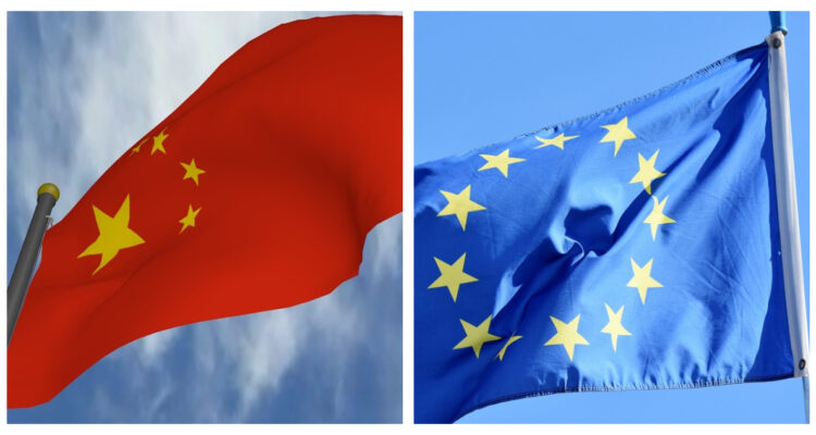 Foto contexto banderas de China y Unión Europea por crisis covid-19