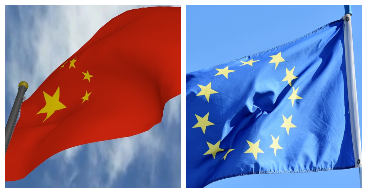 Foto contexto banderas de China y Unión Europea por crisis covid-19