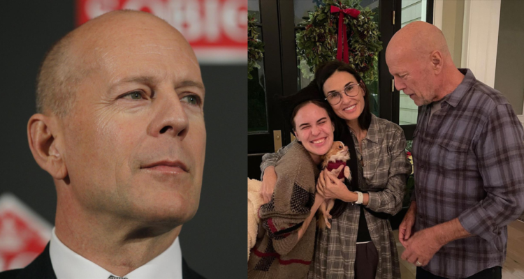 Bruce Willis en una alfombra Roja (izquierda) y el actor junto a su familia luego de su dignostico de afasia (derecha)
