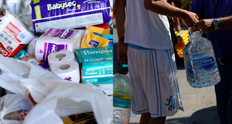 Productos de higiene personal (izquierda) y personas transportando agua (derecha). Centros de acopio en regiones para ayudar a damnificados por incendio en Viña