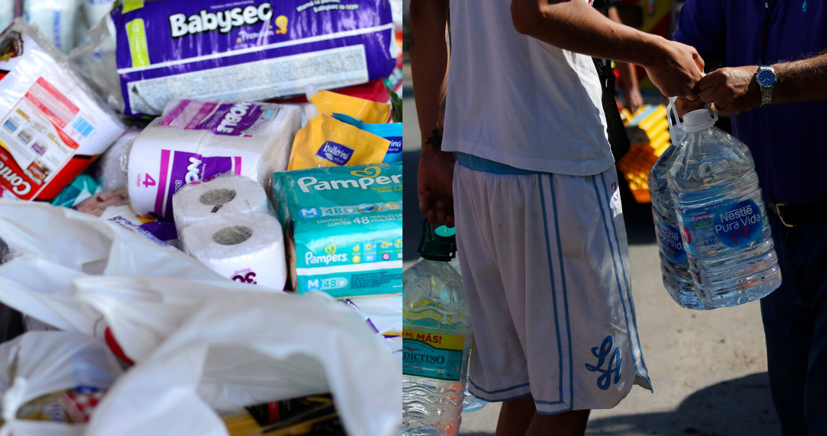 Productos de higiene personal (izquierda) y personas transportando agua (derecha). Centros de acopio en regiones para ayudar a damnificados por incendio en Viña