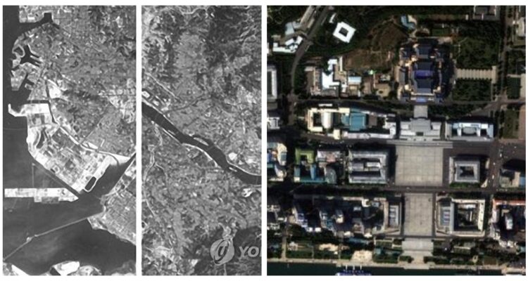 Las fotografías satelitales en blanco y negro publicadas por Piongyang, y la fotografía en alta calidad publicada por Seúl.