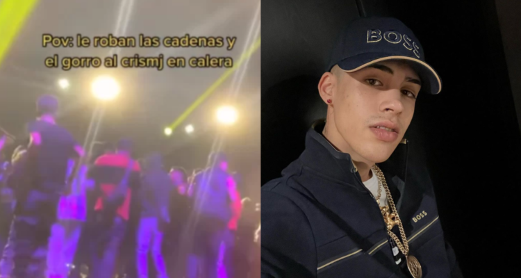 Captura de video del robo a Cris MJ en concierto (izquierda) cantante urbano cris MJ (derecha)