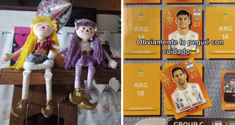 Duendes mágicos sentados en una repisa (izquierda) y captura de tiktok del albúm del mundial (derecha)