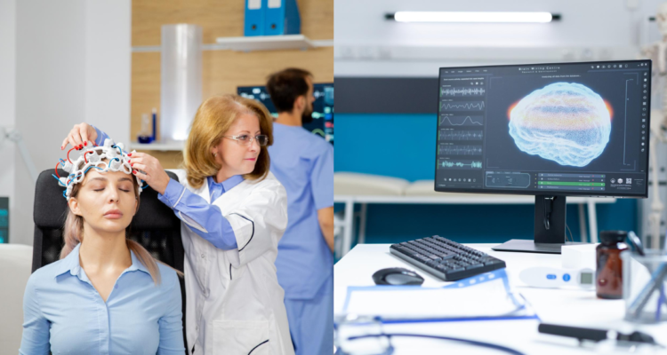 Medico examinando cerebro de paciente (izquierda) ilustración de un cerebro en una pantalla de computador (Derecha). cerebro percepción del tiempo