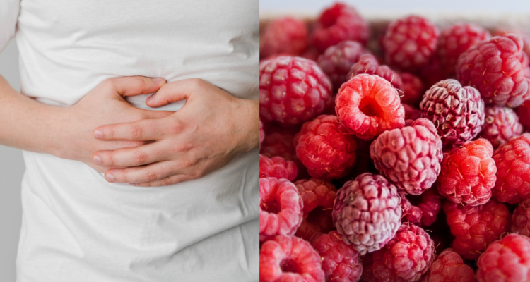 Hombre con dolor de estomago (izquierda) y frambuesas rojas a modo de contexto (derecha)
