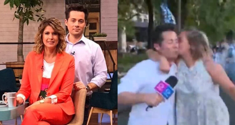 Los periodistas Humberto Sichel y Macarena Pizarro posando juntos en el estudio de Contigo en la Mañana. A su lado, el beso viral que protagonizó el periodista en Argentina.