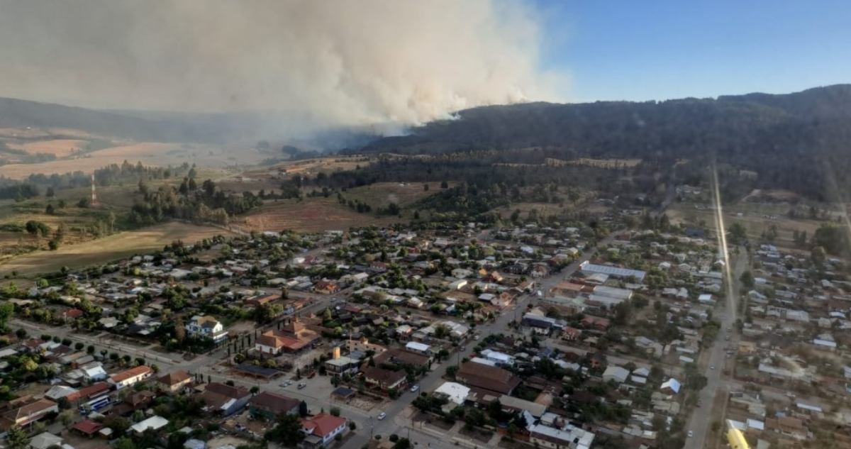 Decretan Alerta Roja para Lumaco por incendio forestal sin control que amenaza viviendas