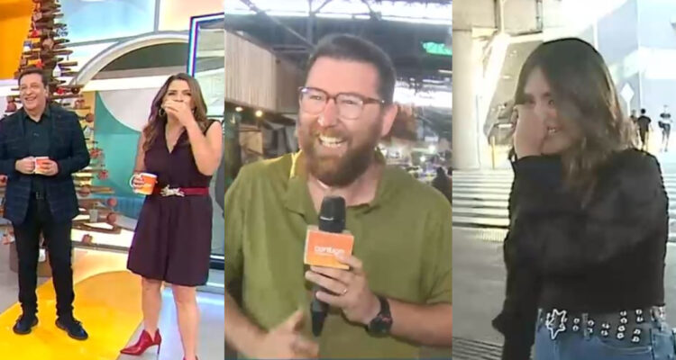 Los animadores Julio César Rodríguez riendo ante la broma. Asimismo, Lucho Ugalde y Daniela Muños tras confirmar la broma.