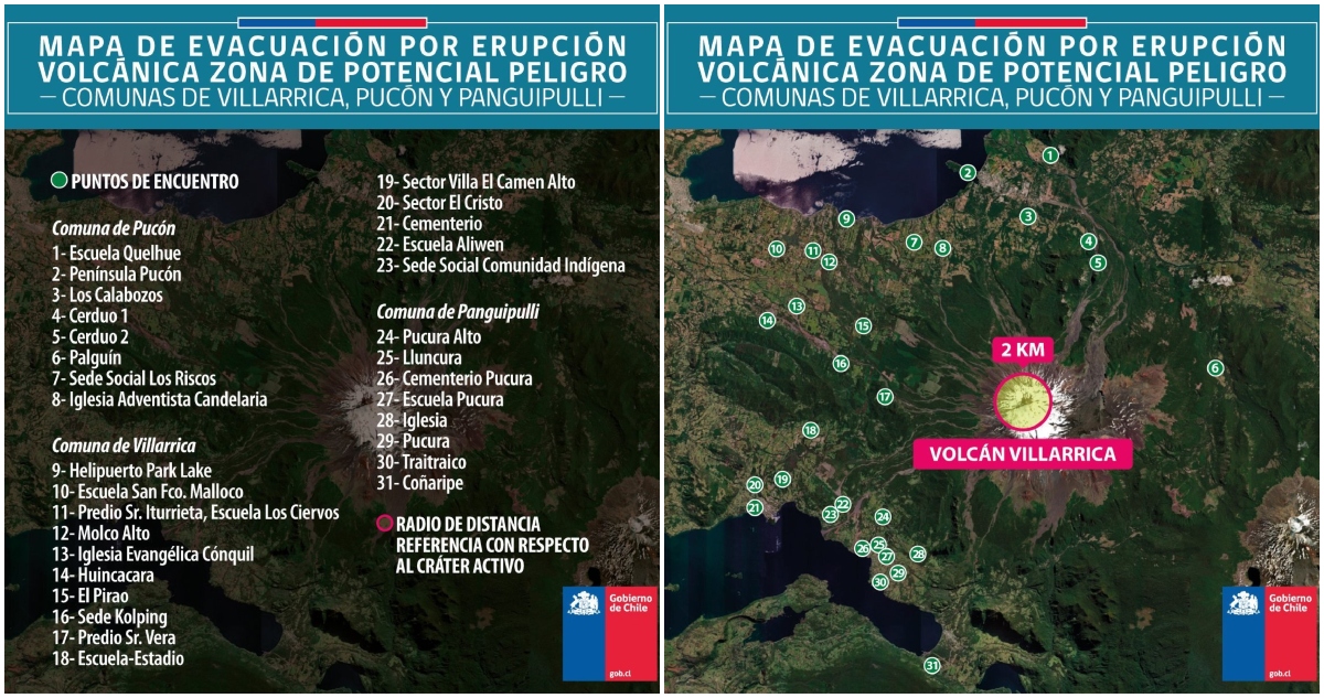 Mapa de evacuación erupción volcán Villarrica