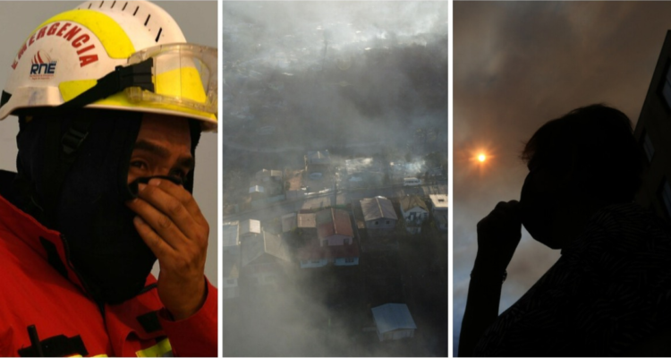 Personas cubriendose la cara en un incendio para evitar inhalación de humo (extremos) fotografia megaincendio viña del mar (centro)