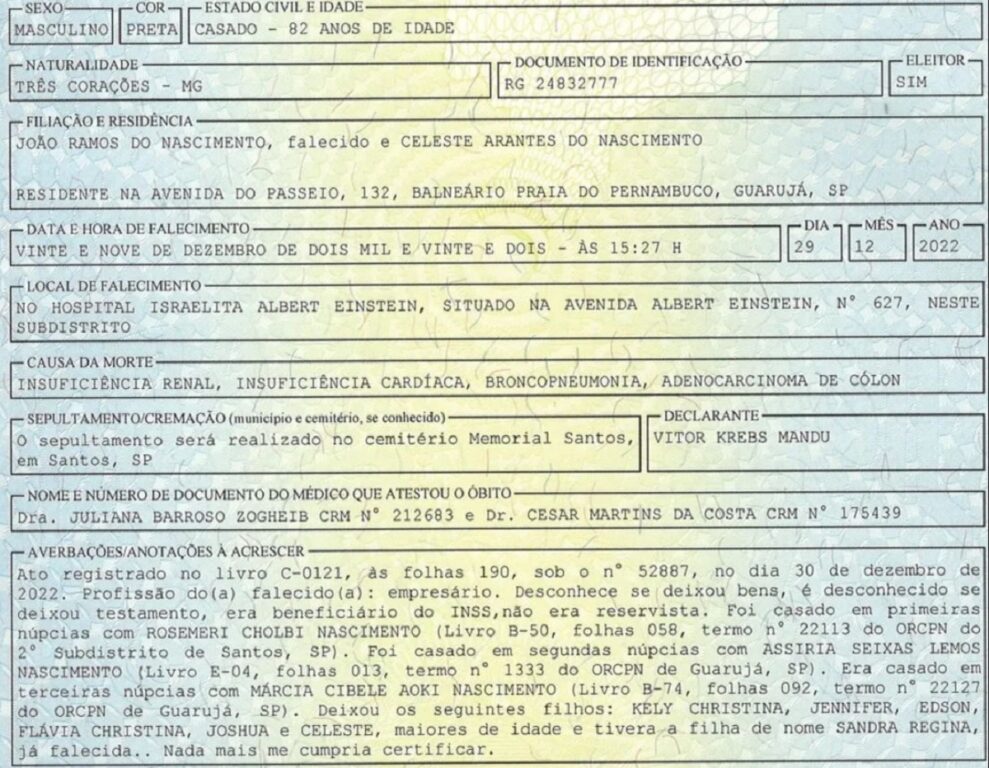 Acta de defunción de Pelé, el Rey del fútbol