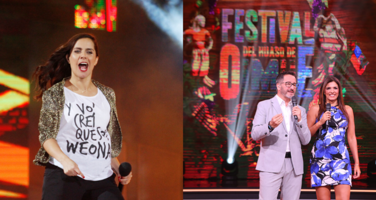 Natalia Valdebenito en su participación en el Festival de Olmué (izquierda) y lanzamiento de la parrilla del festival de TVN (derecha)