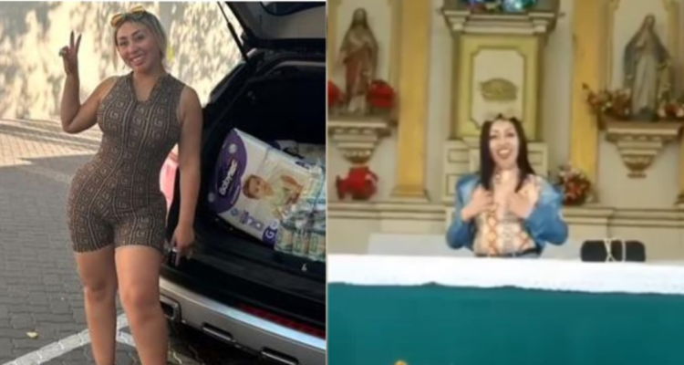 Naya Fácil llevando donaciones a afectados por incendio de viña (izquierda) y la influencer en la iglesia de Caldera (derecha)