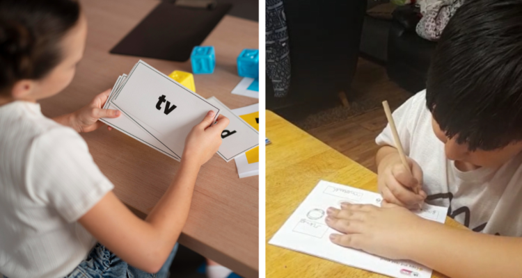 Niño aprendiendo letras y sílabas en inglés (izquierda) ; Leonardo, el niño chileno que solo habla inglés sin haberlo estudiado (derecha)