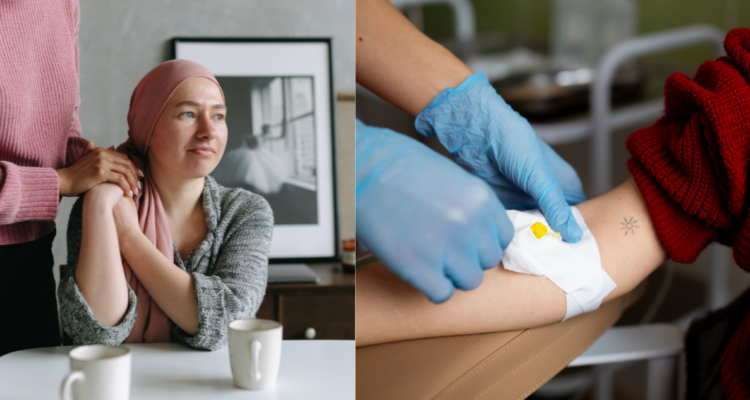 Mujer con cáncer de mama con expresión esperanzada (izquierda) y una persona recibiendo tratamiento de quimioterapia para el cáncer (derecho)