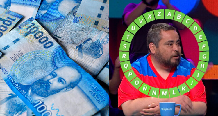 Álvaro Quezada ganando el rosco en Pasapalabra. A su lado, una fotografía de billetes chilemos.
