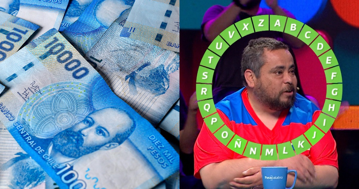 Álvaro Quezada ganando el rosco en Pasapalabra. A su lado, una fotografía de billetes chilemos.