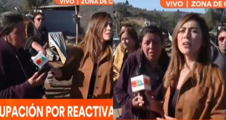 La periodista Ana María Silva en una entrevista a una damnificada del incendio en Viña. La profesional dejó de prestarle atención a su entrevistada y acabó dejándola para acercarse a la alcaldesa de Viña del Mar.