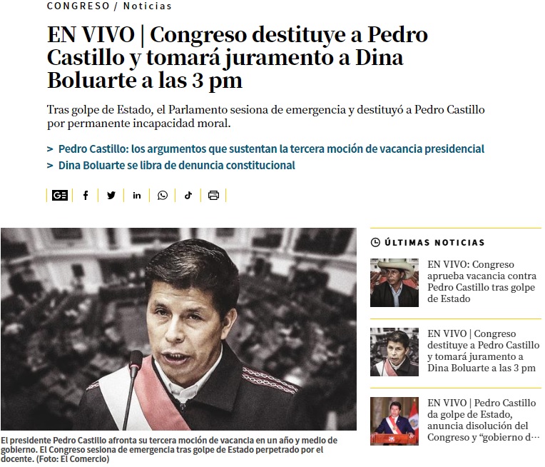 "Golpe de Estado": Cómo la prensa de Perú cubrió el intento de disolución del Congreso por Castillo
