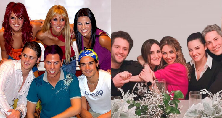 Foto de la banda RBD a inicio de los 2000. A su lado, una foto de la última reunión del grupo RBD, que anunció una gira mundial en 2023.