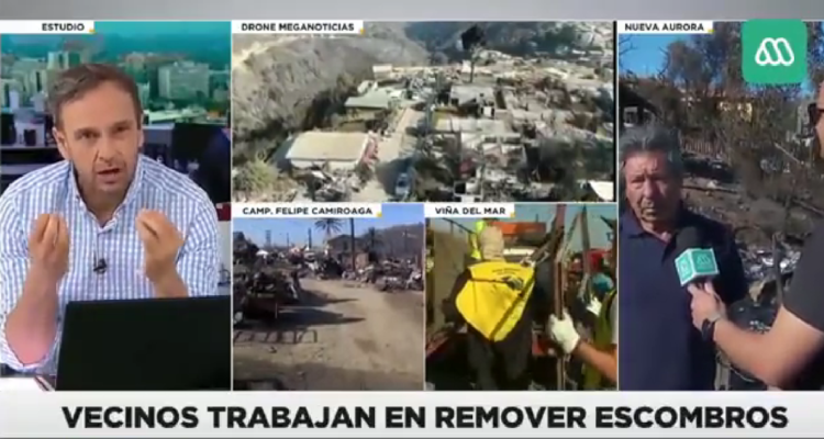 Captura de incómodo momento vivido por Rodrigo Sepúlveda en vivo durante entrevista a damnficado por incendio en viña del mar