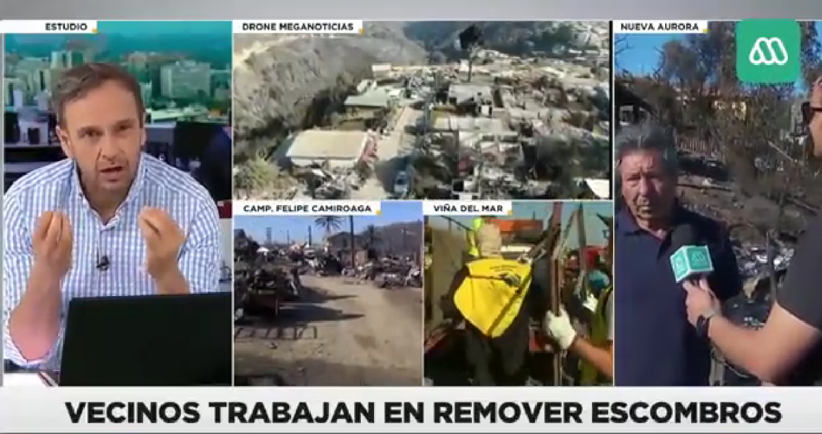 Captura de incómodo momento vivido por Rodrigo Sepúlveda en vivo durante entrevista a damnficado por incendio en viña del mar