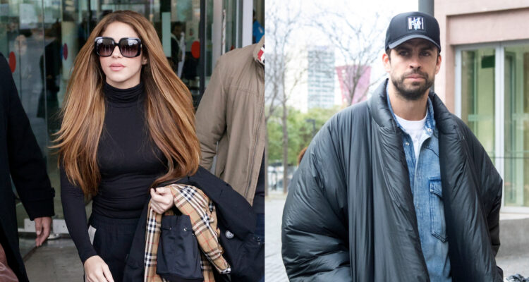 La cantante colombiana Shakira camina saliendo desde tribunales. A su lado, una foto de Gerard Piqué llegando a firmar los documentos sobre la tuición de sus hijos.