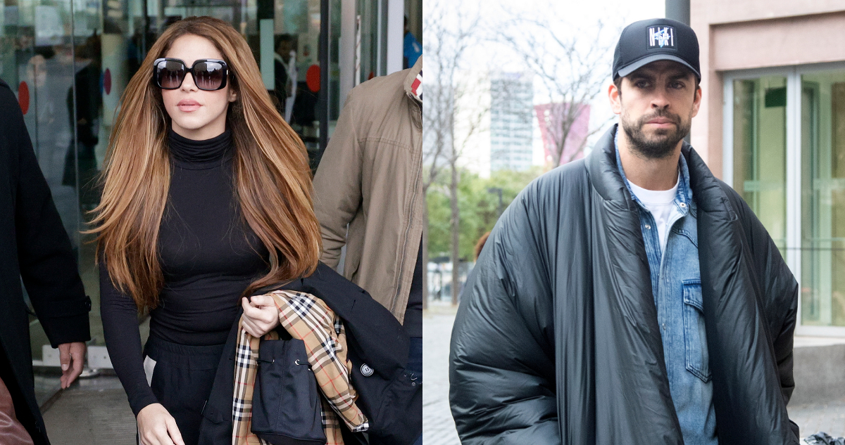 La cantante colombiana Shakira camina saliendo desde tribunales. A su lado, una foto de Gerard Piqué llegando a firmar los documentos sobre la tuición de sus hijos.