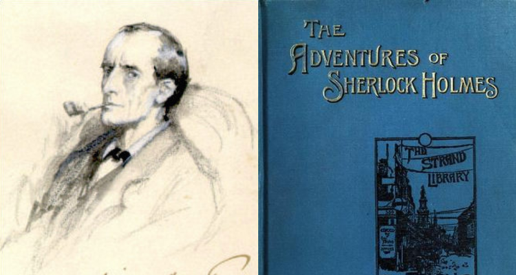 Dibujo del escritor Arthur Conan Doyle (izquierda) creador de Sherlock Holmes que deja el copyright este 2023 (derecha)