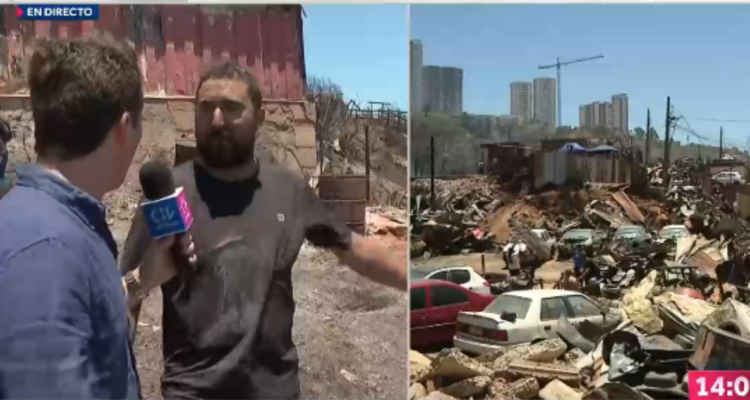 Captura de CHV. Damnificado por incendio en VIña responde agresivamente a Humberto Sichel