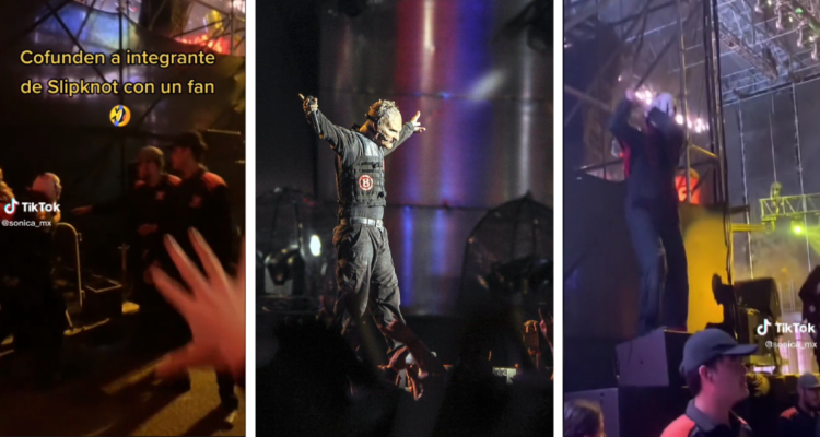 Capturas de video de Tik Tok del incidente con integrante de Slipknot(Izquierda y derecha) y la banda durante un concierto usando mascaras (centro)
