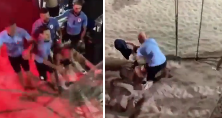 Jugadores uruguayos se enfrentan a hinchas chilenos en la playa de Iquique.