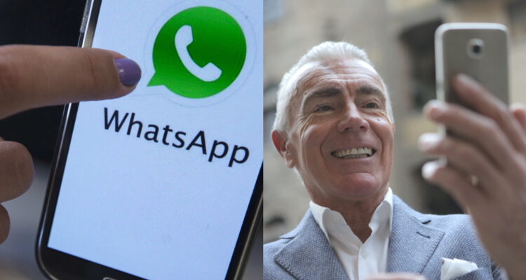 Una mano ingresa a la plataforma de WhatsApp en su celular. A su lado, un hombre habla en una serie de videollamadas desde su teléfono.