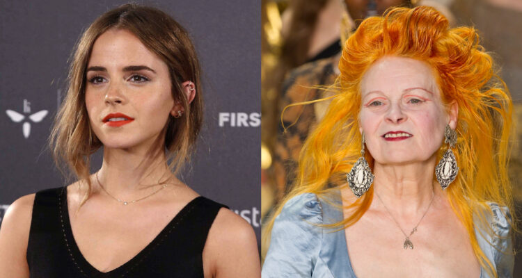 La actriz Emma Watson posa para la cámara con rostro serio. A su lado, Vivienne Westwood posa sonriente para las cámaras.