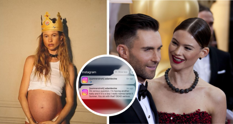 Behati Prinsloo embarazada (izquierda) y junto a Adam Levine (derecha) junto a mensajes de Sumner mujer con la que Levine le fue infiel (centro)