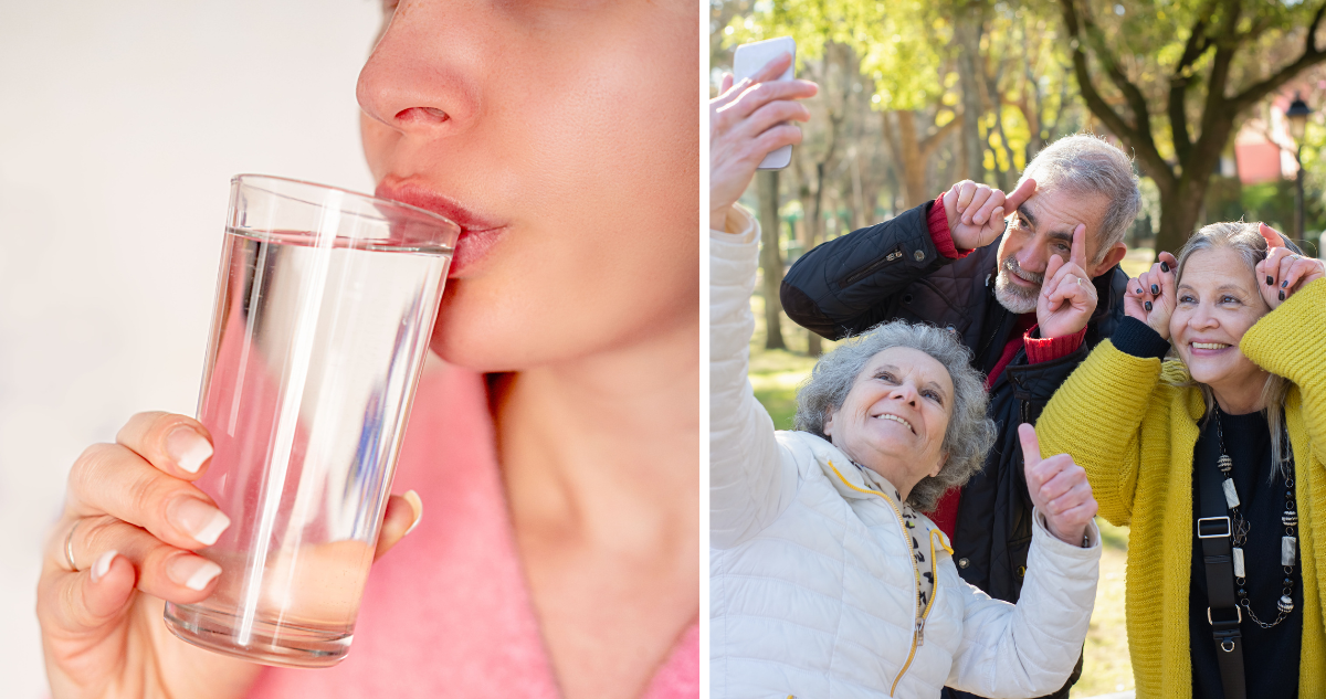 Mujer bebiendo agua de un vaso (izquierda) grupo de adultos mayores activos tomandose una selfie (derecha)