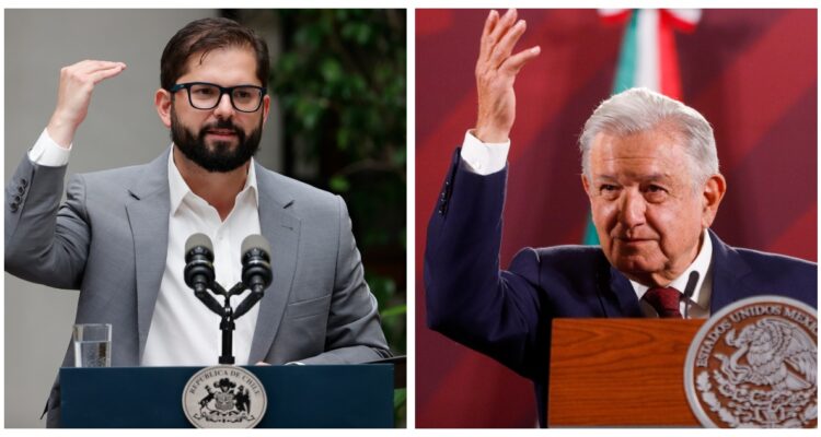 Una foto de Gabriel Boric y otra de López Obrador (AMLO).