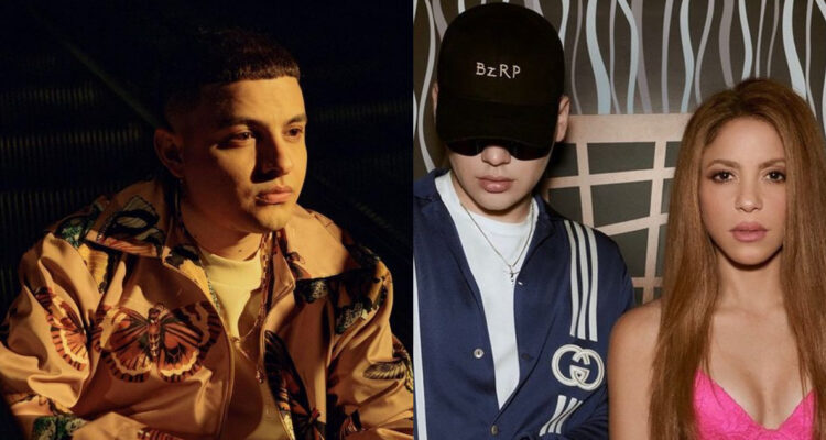 El artista que ayudó a Shakira con la canción de Bizarrap posando para la cámara. A su lado, la portada del tema.