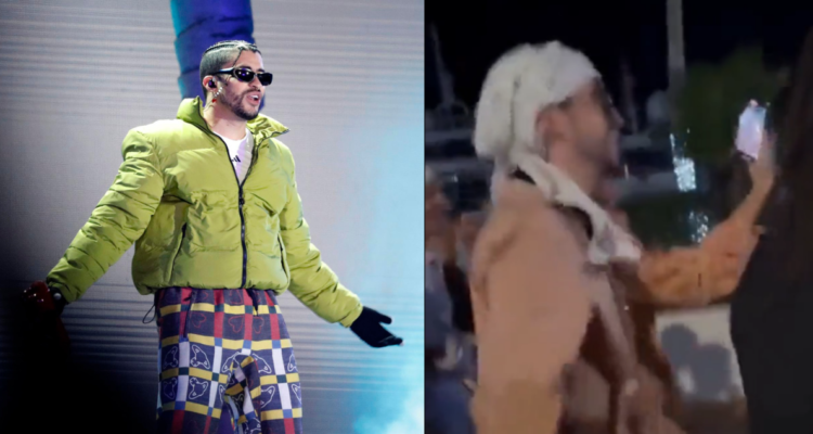 Bad Bunny en un concierto (izquierda) y una captura del video donde lanza el celular de una fanática (derecha)