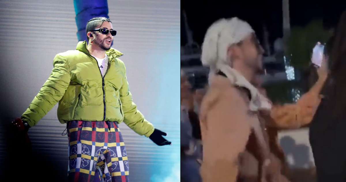 Bad Bunny en un concierto (izquierda) y una captura del video donde lanza el celular de una fanática (derecha)