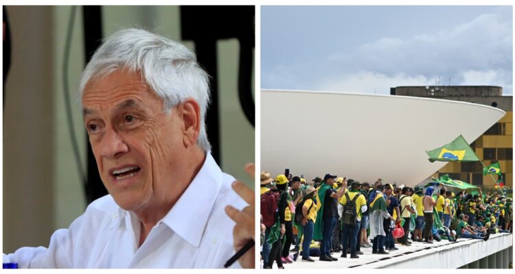 Sebastián Piñera y una foto de la invasión a los poderes del Estado en Brasil.