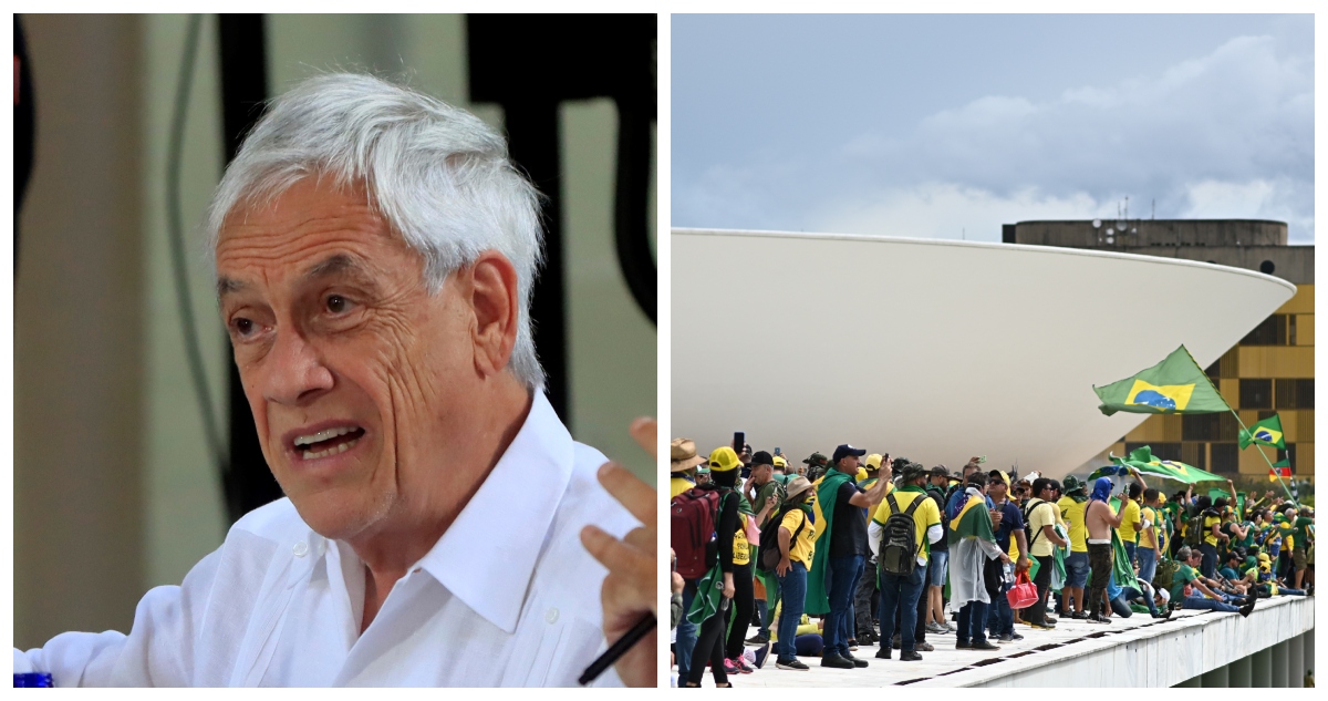 Sebastián Piñera y una foto de la invasión a los poderes del Estado en Brasil.