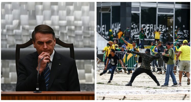 Una fotografía de Jair Bolsonaro, y otra de los manifestantes bolsonaristas en la plaza de los Tres Poderes.