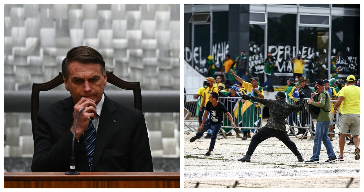 Una fotografía de Jair Bolsonaro, y otra de los manifestantes bolsonaristas en la plaza de los Tres Poderes.