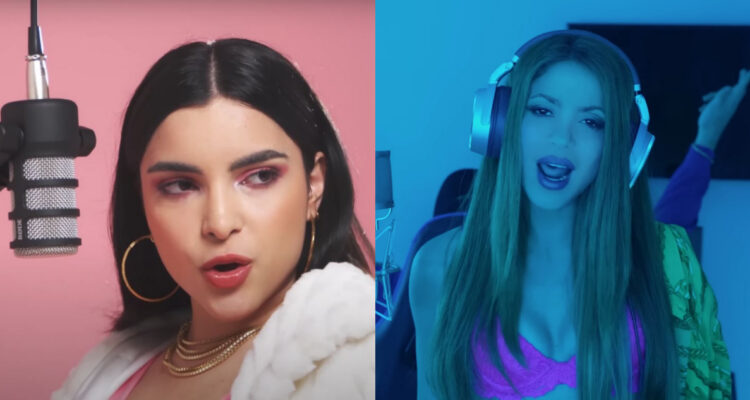La artista venezolana Briella en el video musical de Solo tú. A su lado, Shakira en su Music Session con Bizarrap, canción que la tiktoker acusa de plagio.