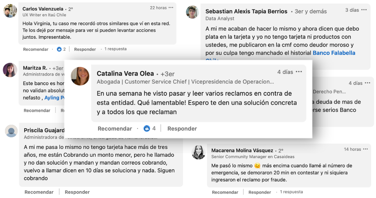 Captura de pantalla de usuarios afectados por Banco Falabella.