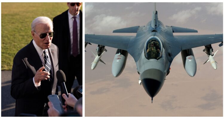 Una fotografía de Joe Biden, y otra de un avión F-16.