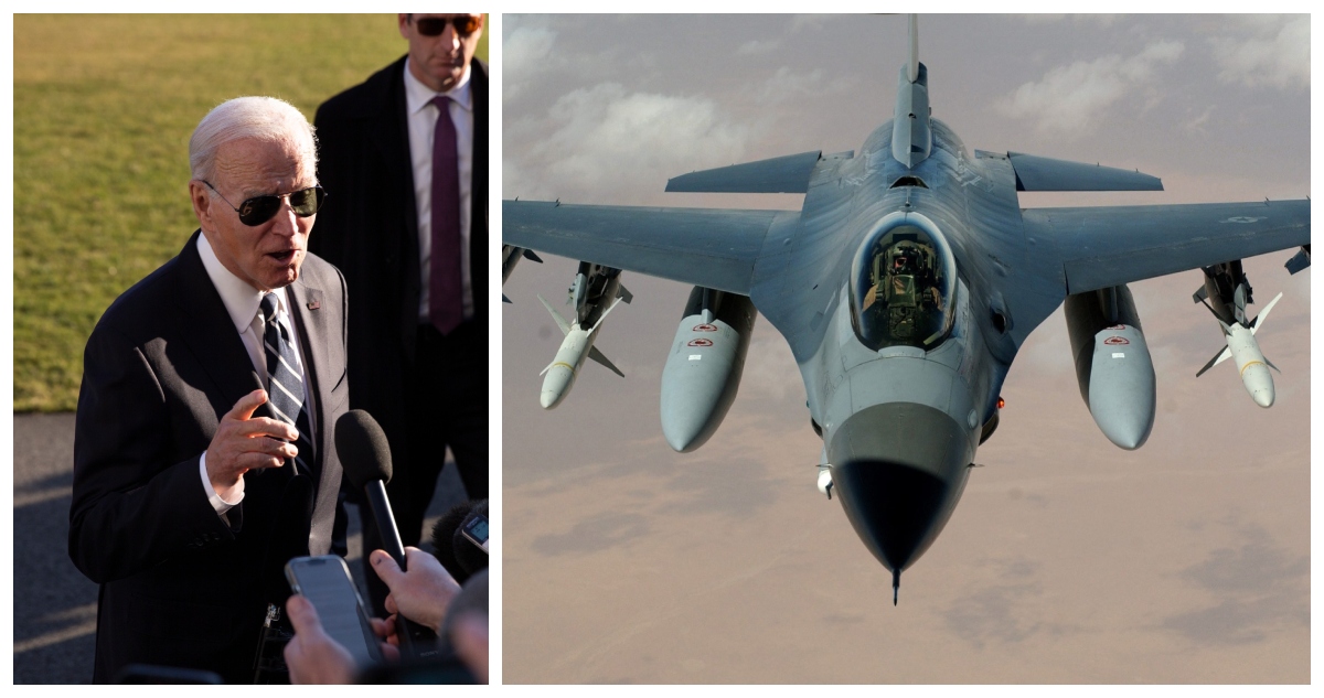 Una fotografía de Joe Biden, y otra de un avión F-16.
