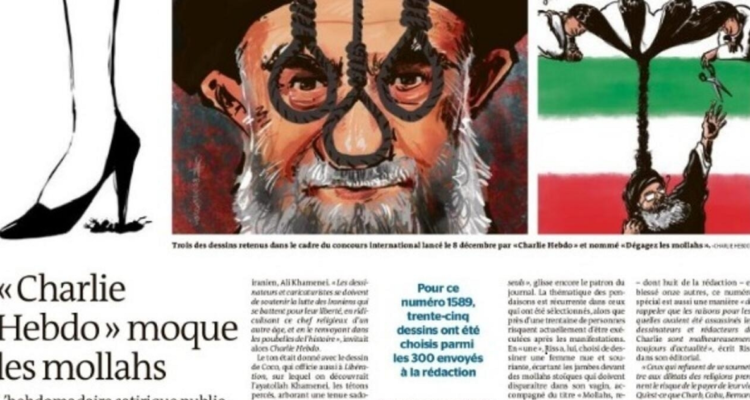 aptura de pantalla del artículo de Charlie Hebdo sobre las caricaturas de los mulás.